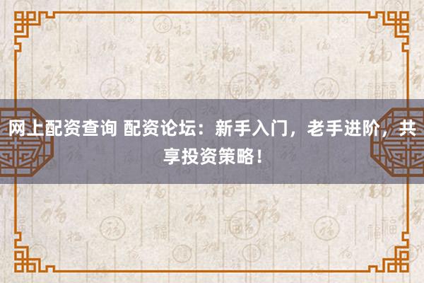 网上配资查询 配资论坛：新手入门，老手进阶，共享投资策略！